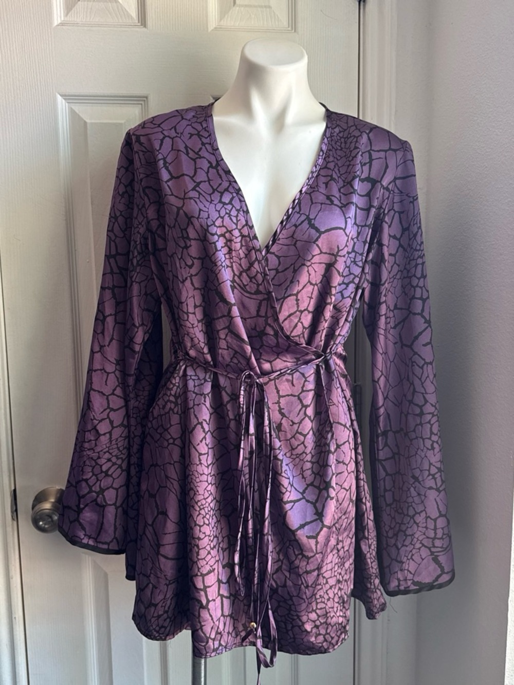 Purple Printed Satin Wrap Robe with Tie Waist